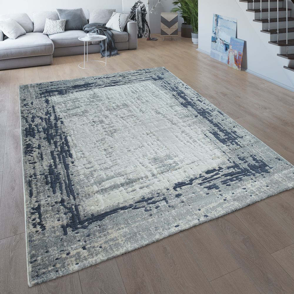 Kurzflor Teppich Wohnzimmerteppich Grau Pastellfarben mit Hell Grauer Bordüre