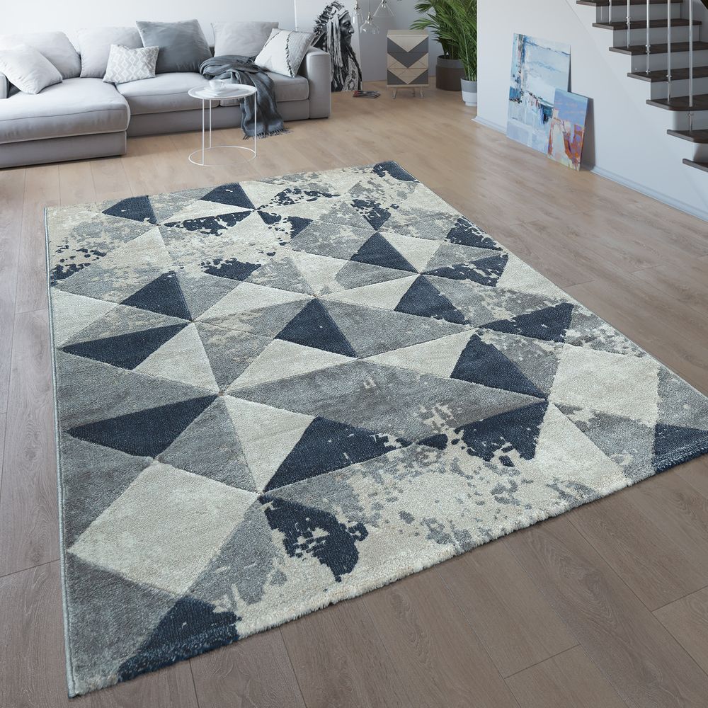 Gemusterter Hochflor Wohnzimmer Teppich Geometrisches Karo Design Blau Weiß 