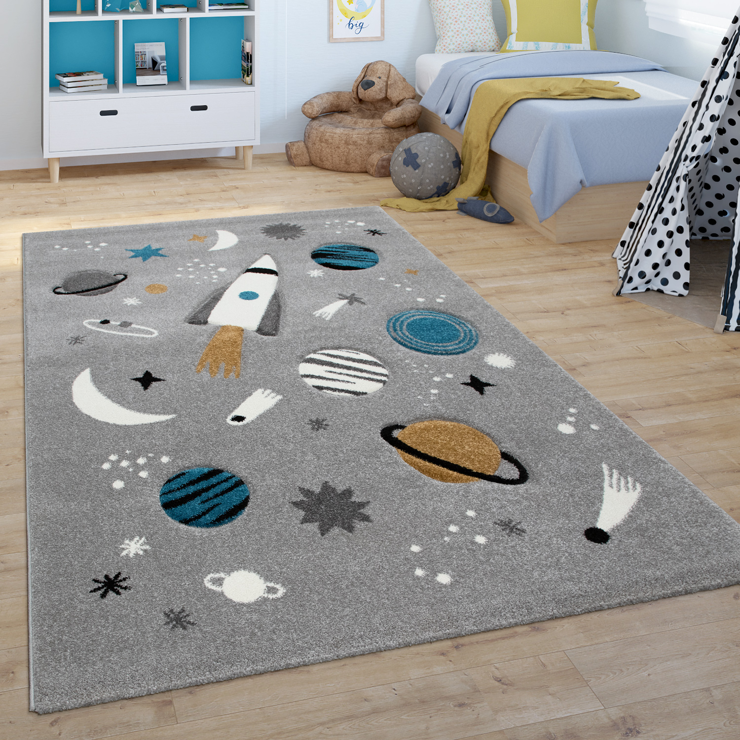 Für Kinderzimmer In Grau Kinder-Teppich Spiel-Teppich Mit Planeten Und Sternen 